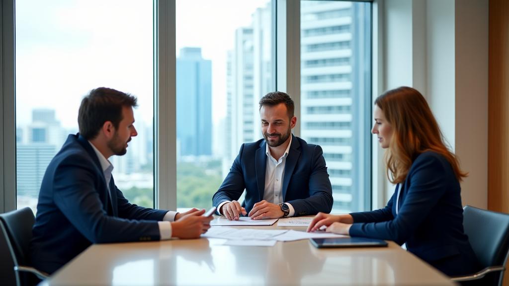Financial advisors discussing investment strategies with a client in a modern office