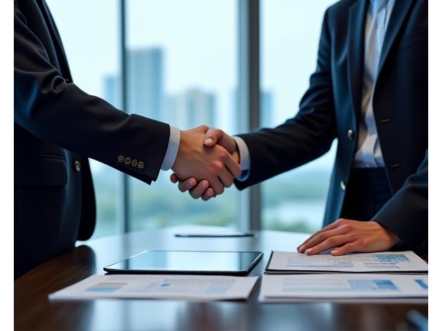 Two professionals shaking hands over a financial report, symbolizing investment advice